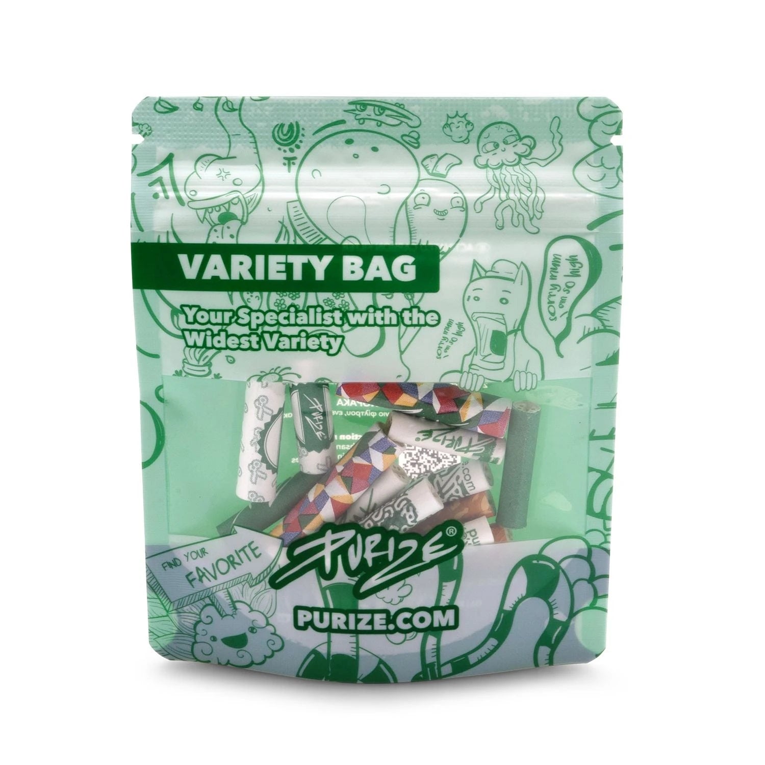 PURIZE Variety Bag wiederverschließbarer Beutel mit gemischten Aktivkohlefiltern in verschiedenen Designs, Sichtfenster, Find Your Favorite, grüne Doodle-Illustrationen